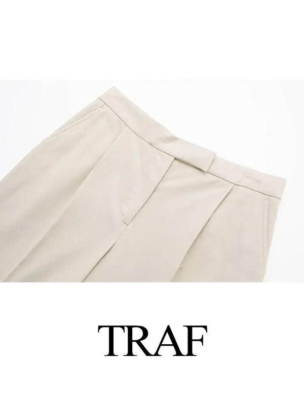 TRAF 2024 de primăvară pentru femei, ocazional, 2 piese, set kaki, buzunare, blazer scurt, pantaloni uni, drepți, cu fermoar, costum elegant