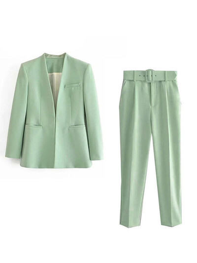 JUPAOPAO2024 Sieviešu modes divu gabalu komplekti TRAF biroja apģērbi bleizeri mētelis un bikses ar augstu jostasvietu. Vienkāršs vienkrāsains uzvalks