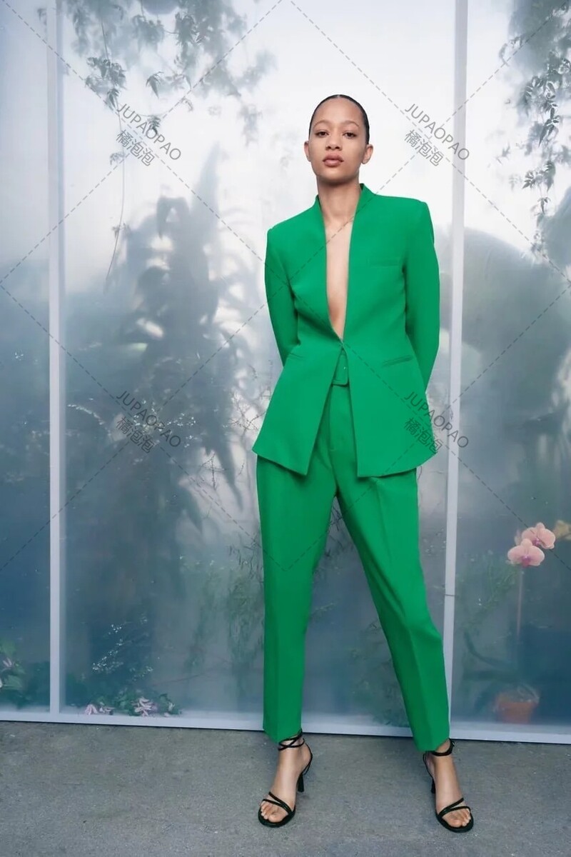 JUPAOPAO2024 Sieviešu modes divu gabalu komplekti TRAF biroja apģērbi bleizeri mētelis un bikses ar augstu jostasvietu. Vienkāršs vienkrāsains uzvalks