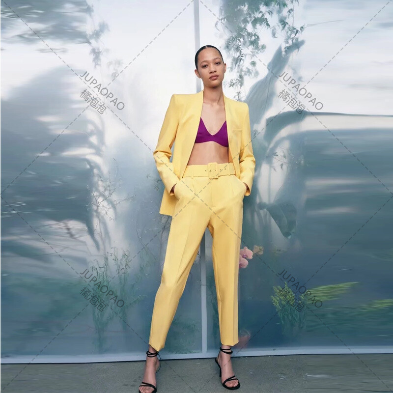 JUPAOPAO2024 Sieviešu modes divu gabalu komplekti TRAF biroja apģērbi bleizeri mētelis un bikses ar augstu jostasvietu. Vienkāršs vienkrāsains uzvalks