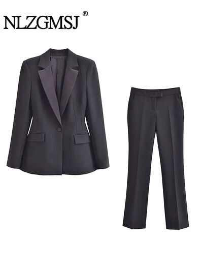 TRAF 2024 Blazer pentru Damă Costum Pantalon Femei Negru Solid Jachetă Formală Pantaloni Femei Vestiment de lucru Set 2 Piese Femei