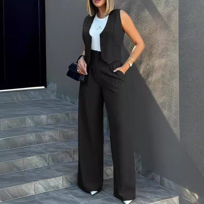 Sieviešu OL bleizera bikšu komplekti 2 dab. Ikdienišķa, šaura žaketes žaketes veste un augstas elastīgas kabatas bikses, kostīmi ar platām kājām