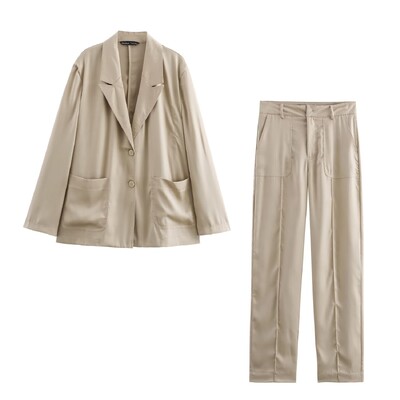 TRAFZA Žensko jesensko dvodijelno odijelo, ležerno odijelo na rever, okomiti sako s dva gumba + modno odijelo s patentnim zatvaračem i džepovima visokog struka, duge hlače Mujer
