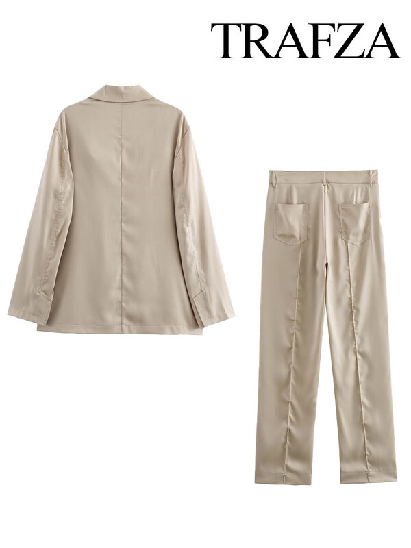 TRAFZA Žensko jesensko dvodijelno odijelo, ležerno odijelo na rever, okomiti sako s dva gumba + modno odijelo s patentnim zatvaračem i džepovima visokog struka, duge hlače Mujer