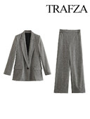 TRAFZA női 2 részes szett, hosszú ujjú zsebgombok Design textúra blézerkabát + elasztikus derék oldalzsebek hétköznapi széles szárú nadrágok