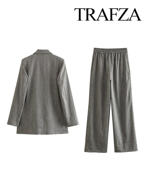 TRAFZA női 2 részes szett, hosszú ujjú zsebgombok Design textúra blézerkabát + elasztikus derék oldalzsebek hétköznapi széles szárú nadrágok