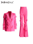 TWOTWINSTYLE Spliced Appliques elegáns szett női hornyolt gallérral, hosszú ujjú blézer flare nadrág temperament öltöny szett női