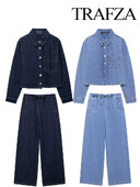 TRAFZA rudens modes sieviešu kostīmi, masīvi nolaižami apkakles kabatas džinsa krekli ar vienrindu + mežģīņu džinsu sieviešu komplekts ar augstu vidukli