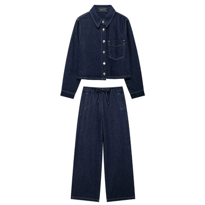 TRAFZA rudens modes sieviešu kostīmi, masīvi nolaižami apkakles kabatas džinsa krekli ar vienrindu + mežģīņu džinsu sieviešu komplekts ar augstu vidukli