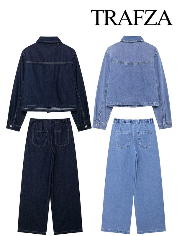 TRAFZA rudens modes sieviešu kostīmi, masīvi nolaižami apkakles kabatas džinsa krekli ar vienrindu + mežģīņu džinsu sieviešu komplekts ar augstu vidukli