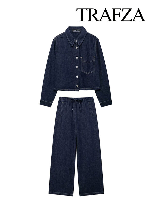 TRAFZA rudens modes sieviešu kostīmi, masīvi nolaižami apkakles kabatas džinsa krekli ar vienrindu + mežģīņu džinsu sieviešu komplekts ar augstu vidukli