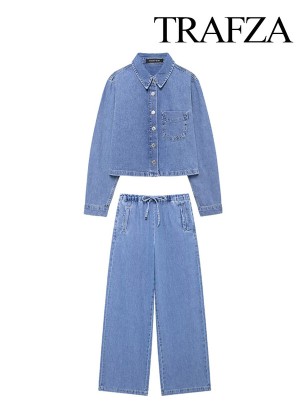 TRAFZA rudens modes sieviešu kostīmi, masīvi nolaižami apkakles kabatas džinsa krekli ar vienrindu + mežģīņu džinsu sieviešu komplekts ar augstu vidukli