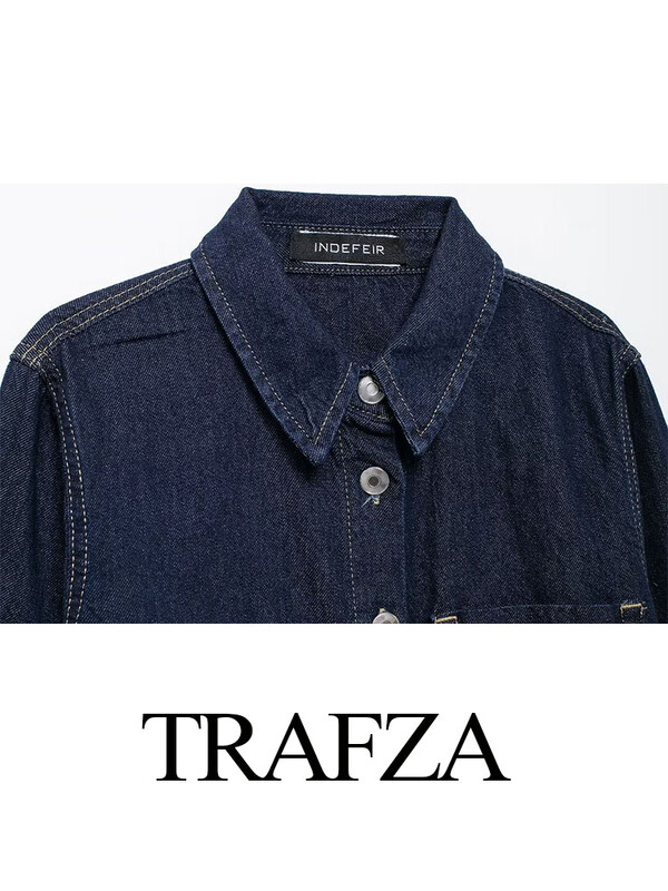 TRAFZA rudens modes sieviešu kostīmi, masīvi nolaižami apkakles kabatas džinsa krekli ar vienrindu + mežģīņu džinsu sieviešu komplekts ar augstu vidukli