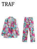 TRAF sieviešu uzvalks, elastīgs viduklis, ikdienas bikšu komplekti sievietēm, 2 dab., modes apdruka, mētelis, jauns divdaļīgs sieviešu komplekts.