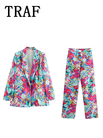 TRAF sieviešu uzvalks, elastīgs viduklis, ikdienas bikšu komplekti sievietēm, 2 dab., modes apdruka, mētelis, jauns divdaļīgs sieviešu komplekts.