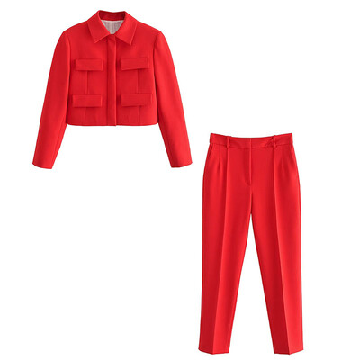 TRAFZA őszi téli női divatos, egysoros, lehajtható galléros piros kabátok + női alkalmi irodai karcsú női nadrág 2 részes öltöny