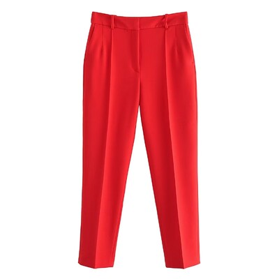 TRAFZA őszi téli női divatos, egysoros, lehajtható galléros piros kabátok + női alkalmi irodai karcsú női nadrág 2 részes öltöny