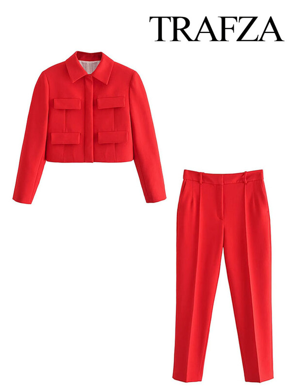 TRAFZA őszi téli női divatos, egysoros, lehajtható galléros piros kabátok + női alkalmi irodai karcsú női nadrág 2 részes öltöny