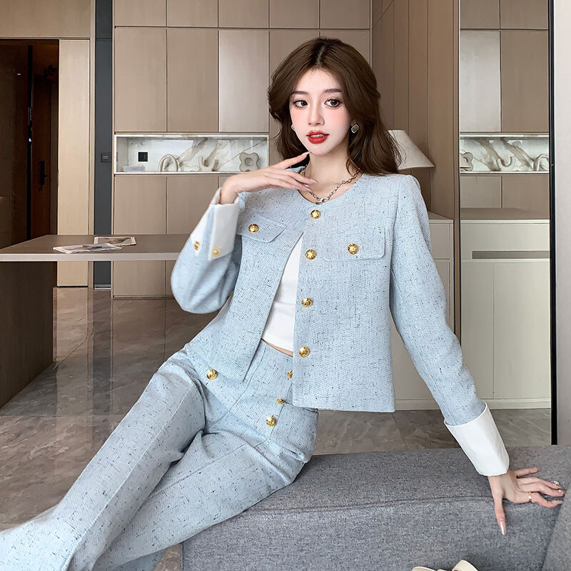 Őszi-téli vintage új kétrészes készletek ruhák női elegáns tweed vékony hosszú nadrág + rövid kabát felső női alkalmi ruhák