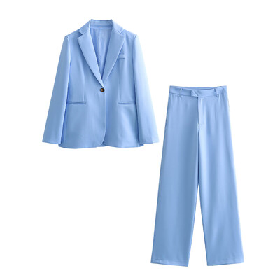 TRAFZA Blazer de birou pentru femei de primăvară Set 2 piese rever albastru cu mânecă lungă buzunar un singur buton + fermoar la mijlocul taliei pantaloni de damă