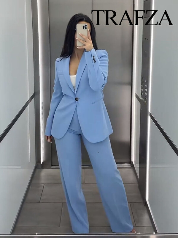 TRAFZA Blazer de birou pentru femei de primăvară Set 2 piese rever albastru cu mânecă lungă buzunar un singur buton + fermoar la mijlocul taliei pantaloni de damă
