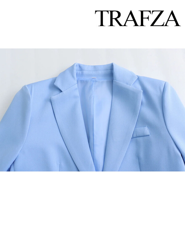 TRAFZA Blazer de birou pentru femei de primăvară Set 2 piese rever albastru cu mânecă lungă buzunar un singur buton + fermoar la mijlocul taliei pantaloni de damă
