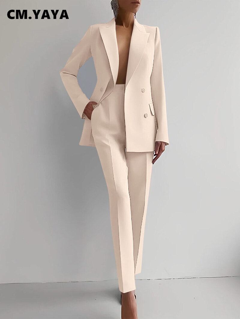 CM.YAYA Elegantný sako a nohavice so širokými nohavicami, dva dvojdielne sety, outfity pre ženy 2024, klasický OL pracovný outfit do ulice, tepláková súprava
