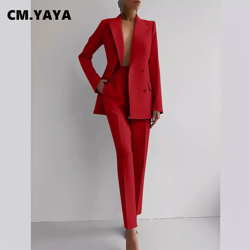CM.YAYA Elegantný sako a nohavice so širokými nohavicami, dva dvojdielne sety, outfity pre ženy 2024, klasický OL pracovný outfit do ulice, tepláková súprava
