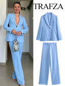 TRAFZA női készletek kék lehajtható gallérral hosszú ujjú zsebek egygombos + derékközép zsebek cipzáras széles szárú nadrág női öltöny