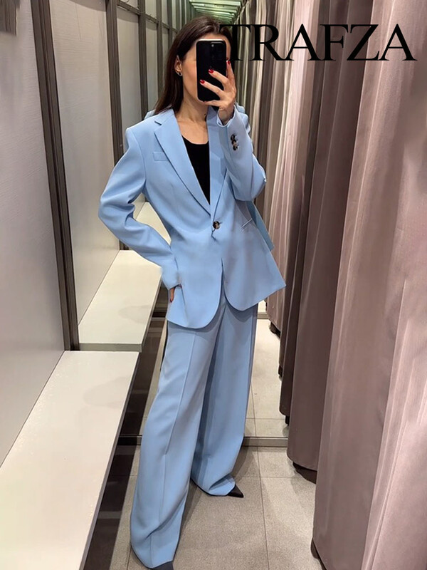 TRAFZA női készletek kék lehajtható gallérral hosszú ujjú zsebek egygombos + derékközép zsebek cipzáras széles szárú nadrág női öltöny