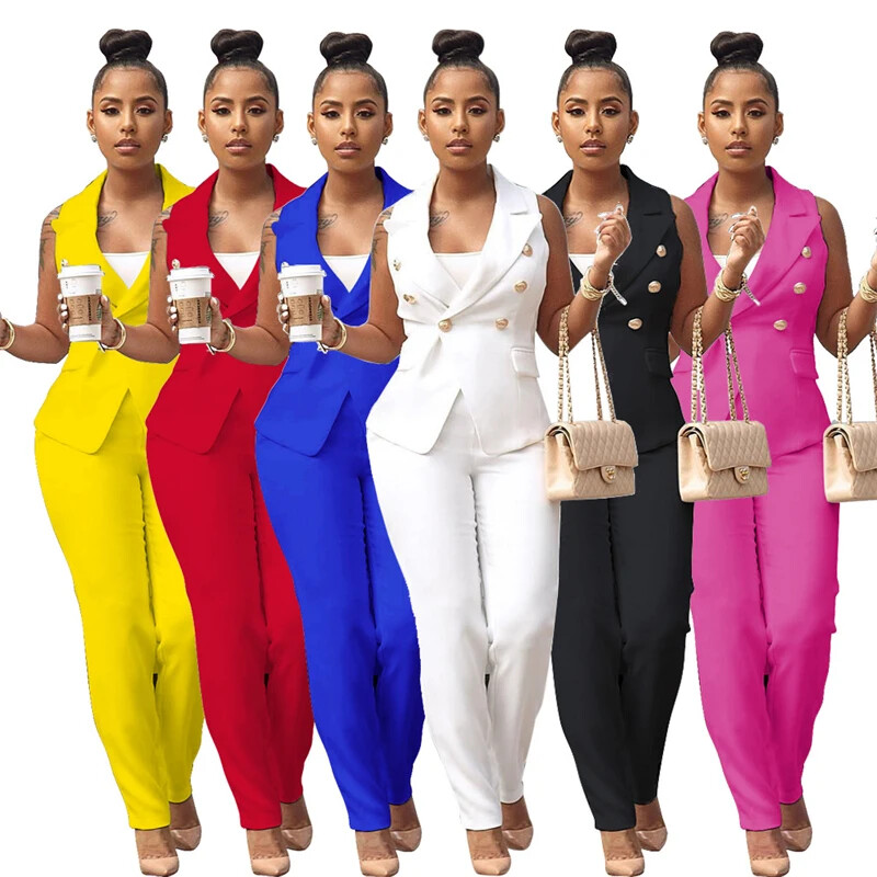 Business OL Work Wear divdaļīgs bikškostīmu komplekts sievietēm Elegants bezpiedurkņu žakete + zīmuļu bikšu biroja sieviešu komplekti