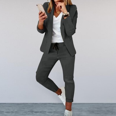 Sieviešu mēteļu bikšu komplekts Elegants sieviešu lietišķo uzvalku komplekts ar garām piedurknēm Slim Fit Pants Profesionālas atloka bikses darbam