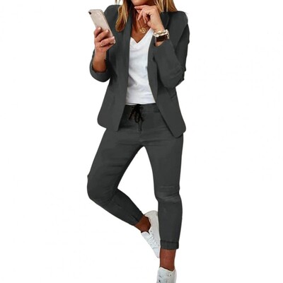 Sieviešu mēteļu bikšu komplekts Elegants sieviešu lietišķo uzvalku komplekts ar garām piedurknēm Slim Fit Pants Profesionālas atloka bikses darbam