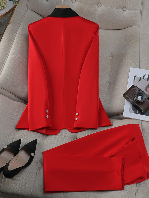 Uredsko žensko odijelo s hlačama Žensko žuto crveno ljubičasto marelica Ženska poslovna radna odjeća Jakna Blazer i formalni komplet hlača od 2 komada