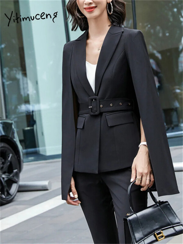Yitimuceng Női blézerek Új koreai elegáns Silm lehajtható gallér öv hosszú ujjú kabátok irodai női zsebek alkalmi kabát