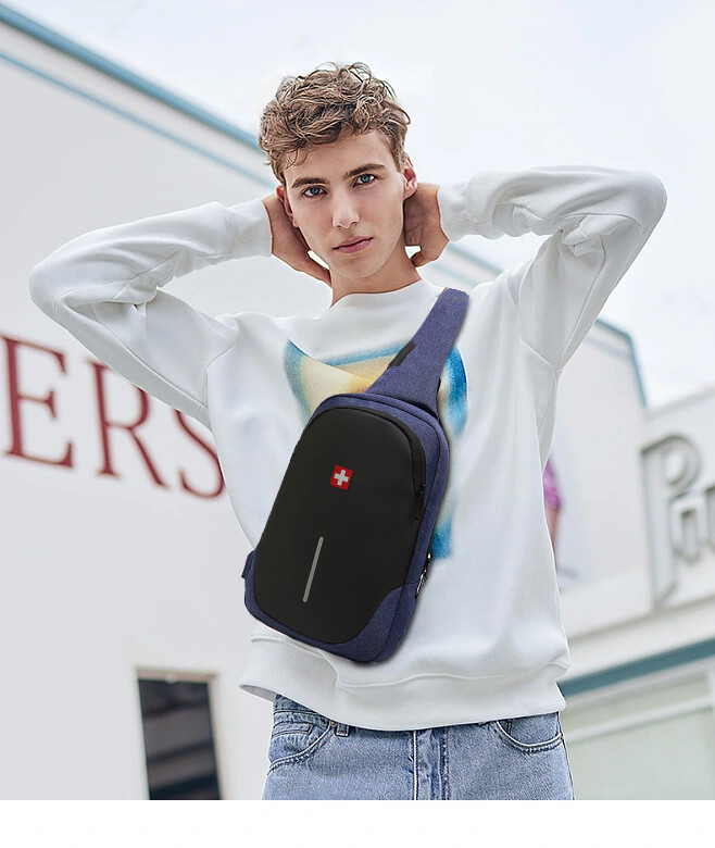 SWISS Jauna vīriešu ikdienas krūšu soma Sporta ūdensnecaurlaidīga plecu soma Pretaizdzīšanas Crossbody Bag Mode vienkrāsains USB somas stropu komplekts