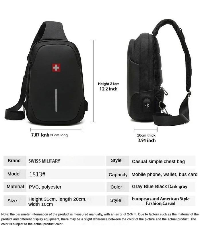 SWISS Jauna vīriešu ikdienas krūšu soma Sporta ūdensnecaurlaidīga plecu soma Pretaizdzīšanas Crossbody Bag Mode vienkrāsains USB somas stropu komplekts