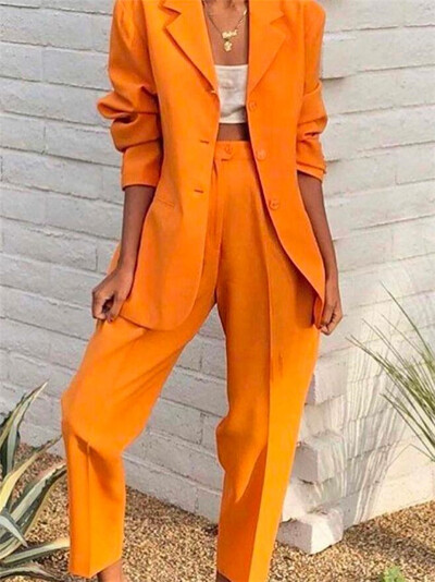 Tesco Orange Peak Rever Lady Casual Suits Blazer+Pants Официални дамски костюми с панталони Офис униформен стил Female PantSuit 2 Piece