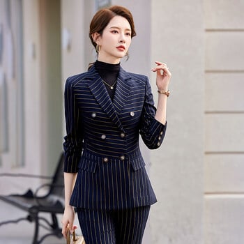 NAVIU Fashion Women Office Ladies Официален комплект панталони със златни райета Дамско бизнес облекло, Блейзър, яке и панталон