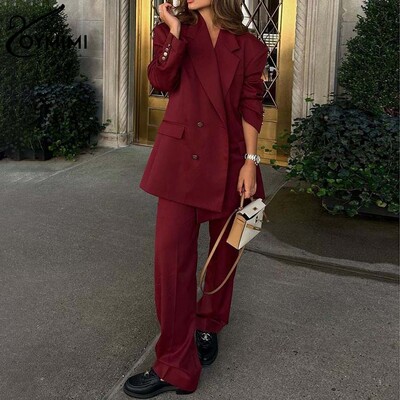 Oymimi Elegant Red Blazers Sieviešu divdaļīgs komplekts Modes krekls ar garām piedurknēm ar dubultu rindu un vienkāršu pilna garuma sieviešu bikšu komplekts