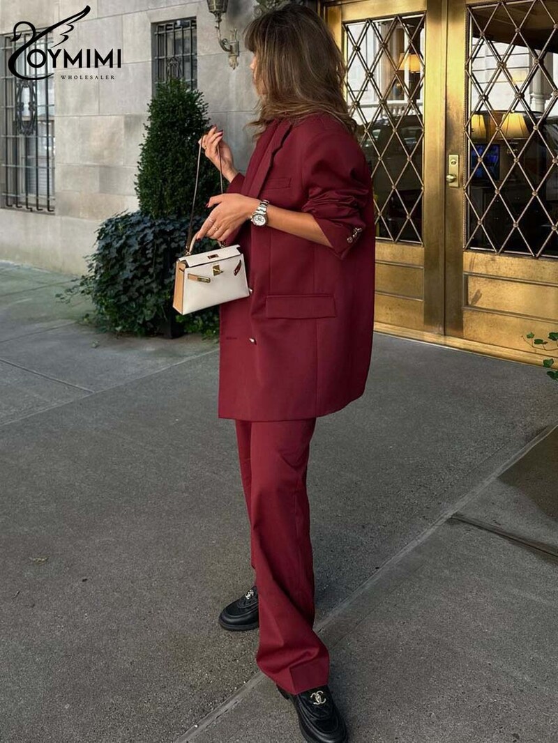 Oymimi Elegant Red Blazers Sieviešu divdaļīgs komplekts Modes krekls ar garām piedurknēm ar dubultu rindu un vienkāršu pilna garuma sieviešu bikšu komplekts