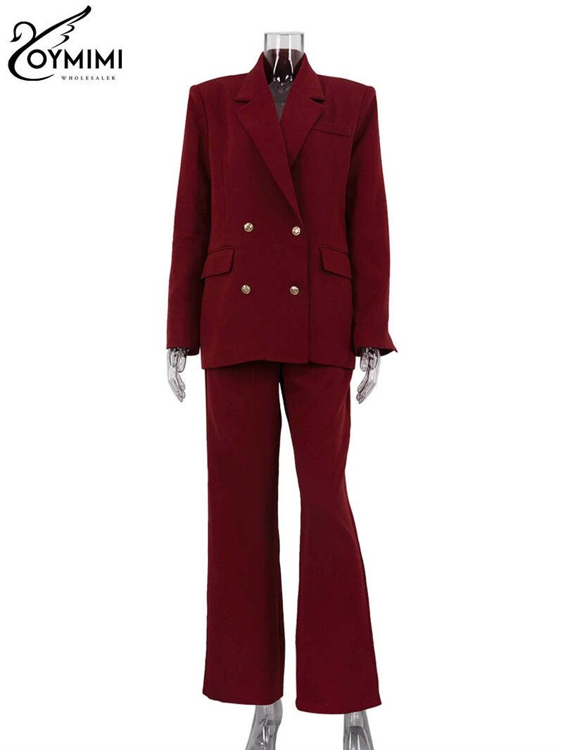 Oymimi Elegant Red Blazers Sieviešu divdaļīgs komplekts Modes krekls ar garām piedurknēm ar dubultu rindu un vienkāršu pilna garuma sieviešu bikšu komplekts