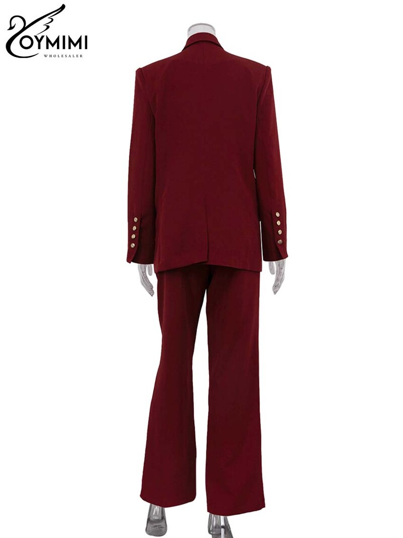 Oymimi Elegant Red Blazers Sieviešu divdaļīgs komplekts Modes krekls ar garām piedurknēm ar dubultu rindu un vienkāršu pilna garuma sieviešu bikšu komplekts