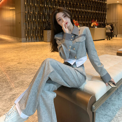 Seturi de pantaloni pentru femei 2 bucăți primăvară toamnă pantaloni gri pentru femeie coreea stil, chic și elegant, haine estetice clasice