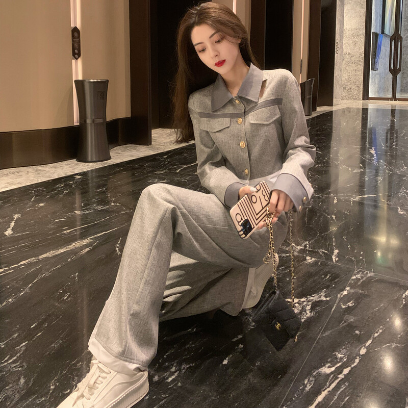 Seturi de pantaloni pentru femei 2 bucăți primăvară toamnă pantaloni gri pentru femeie coreea stil, chic și elegant, haine estetice clasice