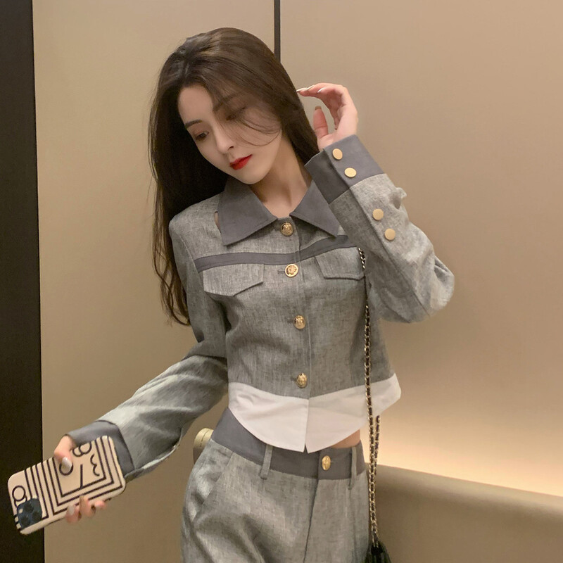 Seturi de pantaloni pentru femei 2 bucăți primăvară toamnă pantaloni gri pentru femeie coreea stil, chic și elegant, haine estetice clasice