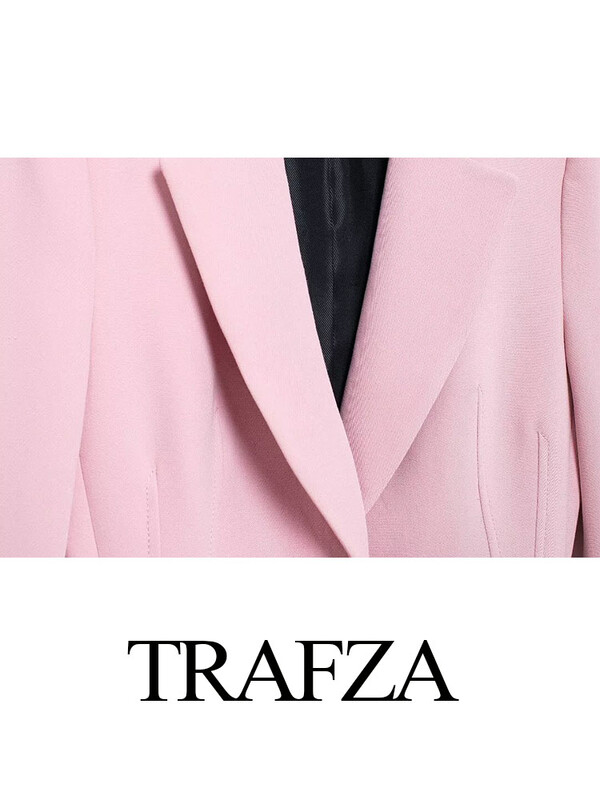 TRAFZA Ženski komplet od 2 komada, ružičasti rever, dugi rukavi, dizajn s jednim gumbom, uski blejzer kaput + ležerne široke hlače s patentnim zatvaračem