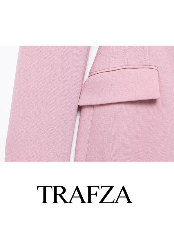 TRAFZA Ženski komplet od 2 komada, ružičasti rever, dugi rukavi, dizajn s jednim gumbom, uski blejzer kaput + ležerne široke hlače s patentnim zatvaračem