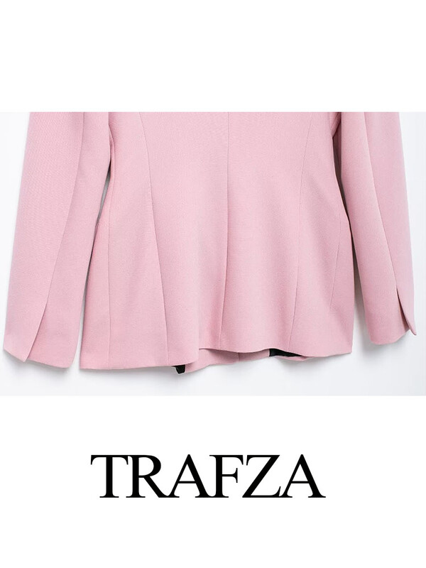 TRAFZA Ženski komplet od 2 komada, ružičasti rever, dugi rukavi, dizajn s jednim gumbom, uski blejzer kaput + ležerne široke hlače s patentnim zatvaračem