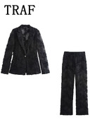 TRAF Žensko odijelo Kompleti hlača s teksturom Ženski 2-dijelni modni sako ukrašen biserom Novi dvodijelni komplet ženske odjeće